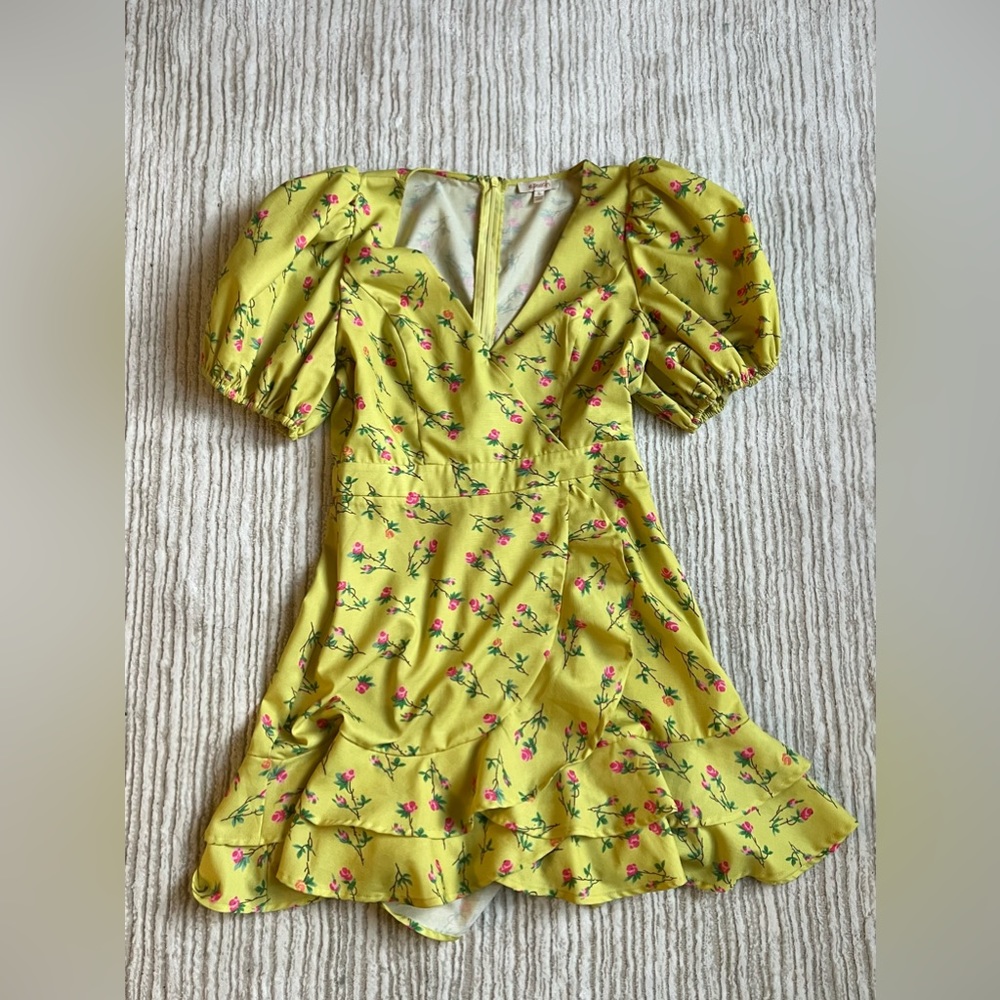Vintage Neon Yellow Summer Puff Sleeve Dress